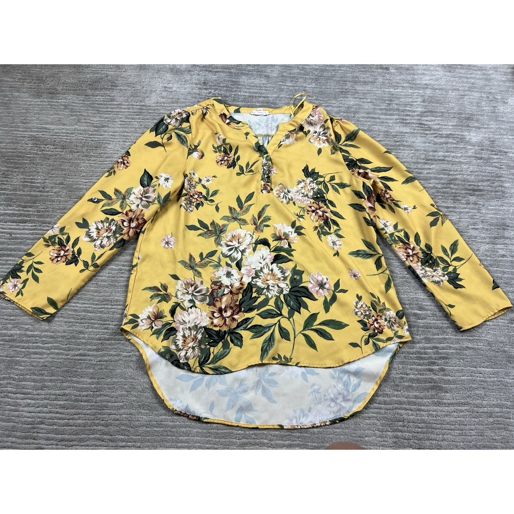 Song n Spirit Top‎ Womens Large Yellow Boho Floral Long Sleeve Polyester Casual